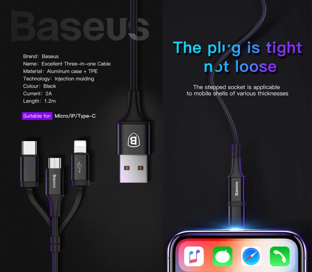 Baseus Excellent 3 In 1 Cable Lightning Type C Microusb (4)