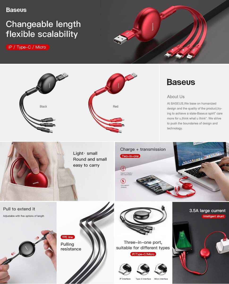 Baseus Little Octopus 3 In 1 Retractable Usb Cable Lightning Usb C Micro Usb (3)