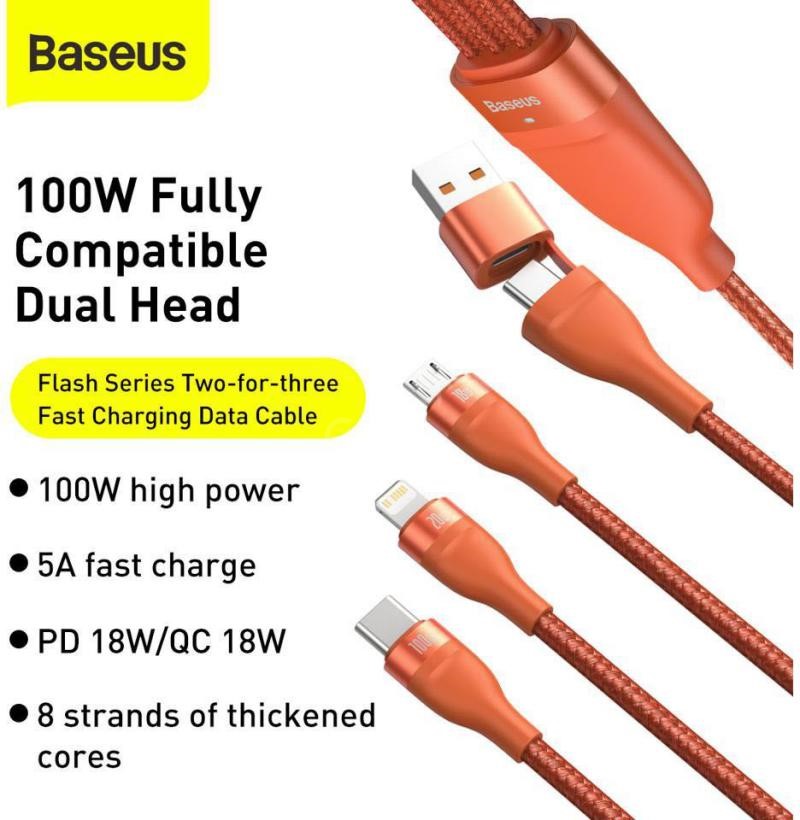 Baseus Flash Series Two For Three Fast Charging Data Cable 100w Orange (1)