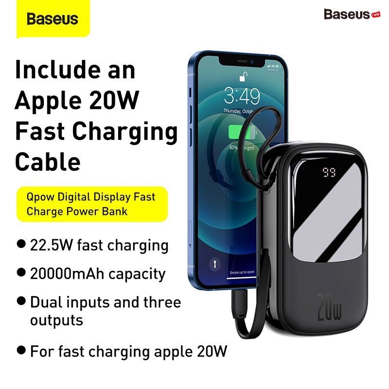 Baseus Qpow Digital Display Quick Charging Power Bank 20000mah 20w With Ip Cable (5)