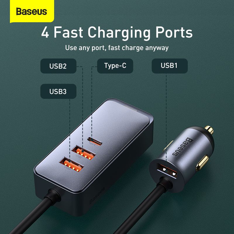 Baseus Share Together Pps Multi Port Fast Charging Car Charger With Extension Cord 120w 3u1c (1 (4)