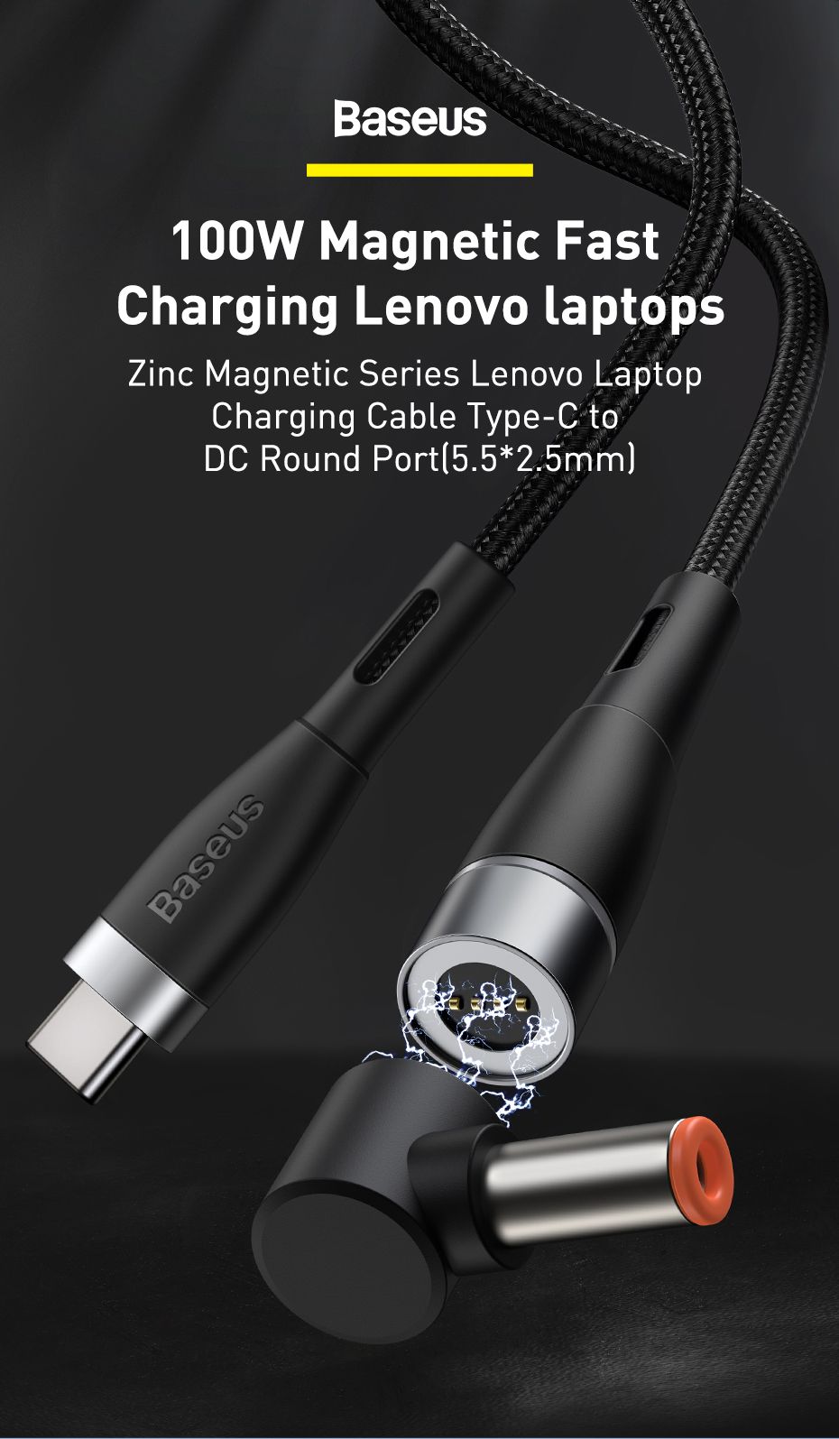 Baseus Zinc Magnetic Series Type C To Dc Round Port5 52 5mm 100w Charging Cable For Laptop (2)