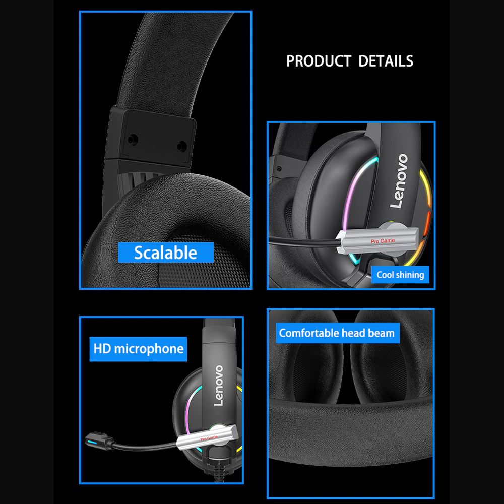 Lenovo Hu75 Wired Headset Hifi Surround Sound Rgb Colorful Light Music Game Headphone With Microphone For 1