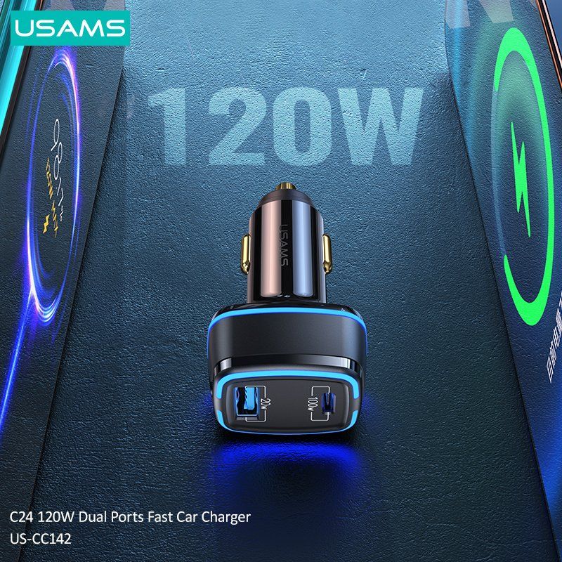 Usams Us Cc142 C24 120w Dual Usb Port Car Charger Quick Charging Adapter (2)