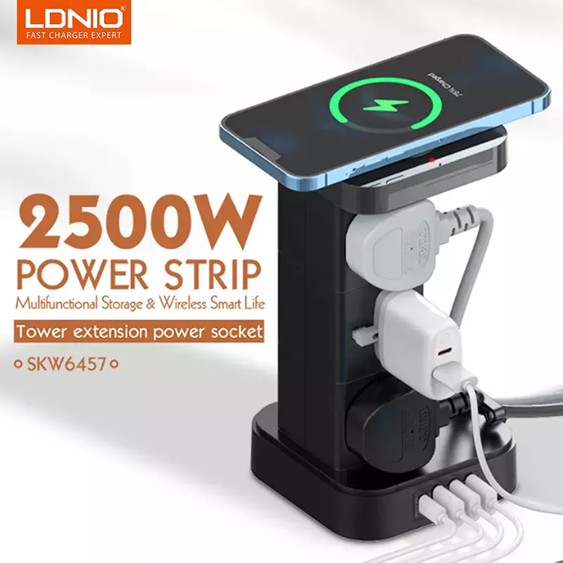 Ldnio Skw6457 6 Outlet Usb Tower Extension Power Socket With 15w Wireless Charger (1)