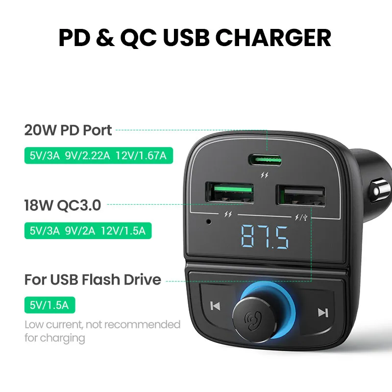 Ugreen Car Charger With Fm Modulator Pd 2x Usb 1x Type C Bluetooth Qc 3 0 Car Charger 80910 (5)