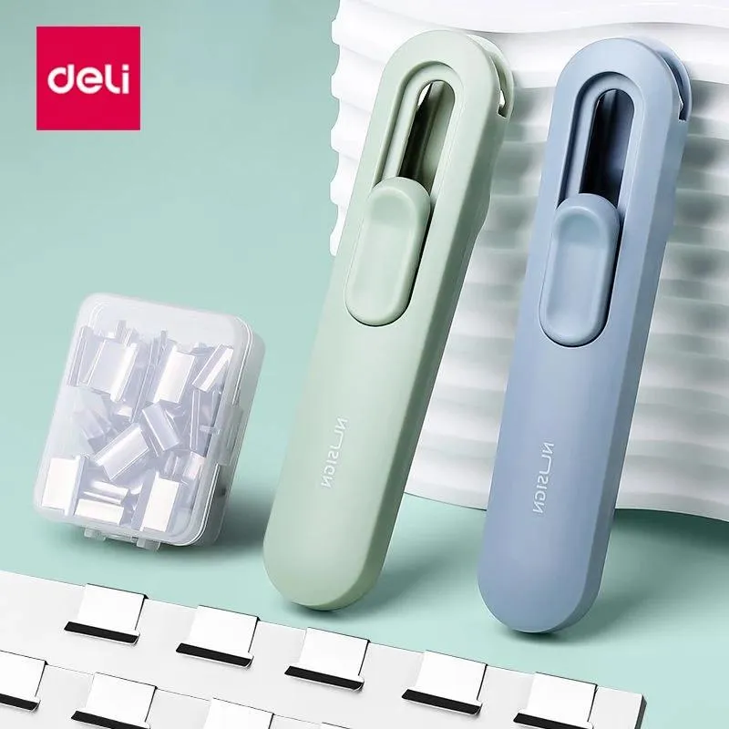 Deli Paper Clip Dispenser Stapler With 50pcs Metal Refill Clips File Document Clamp Bin