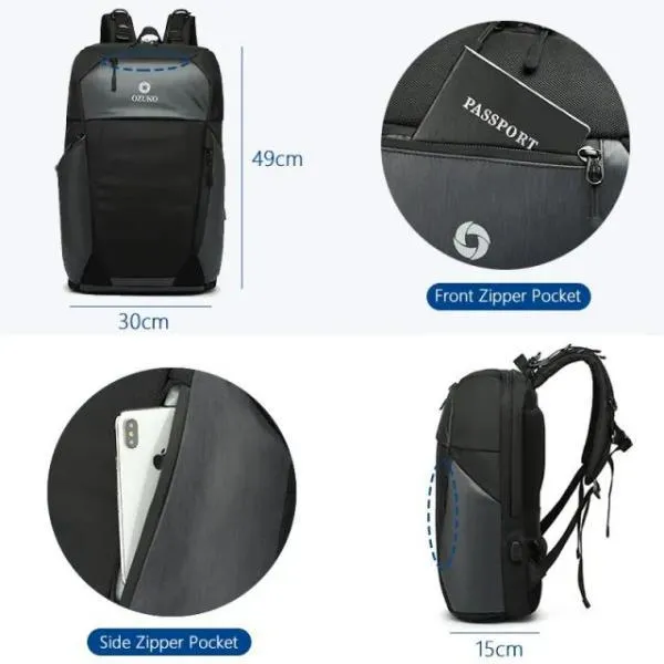 Ozuko 9214 Laptop Bag Waterproof Mens Weekend Usb Charging Luxury Backpacks (4)