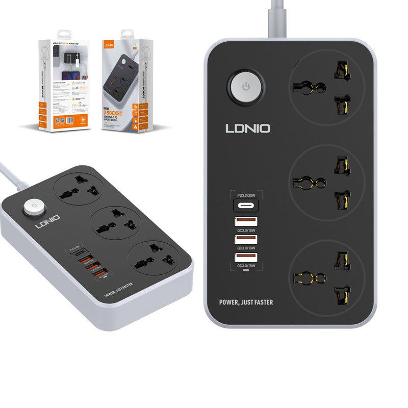 Ldnio Sc3412 38w Pd20w Power Strip 3 Socket Outlets And 3 Qc 3 0 Usb (1)