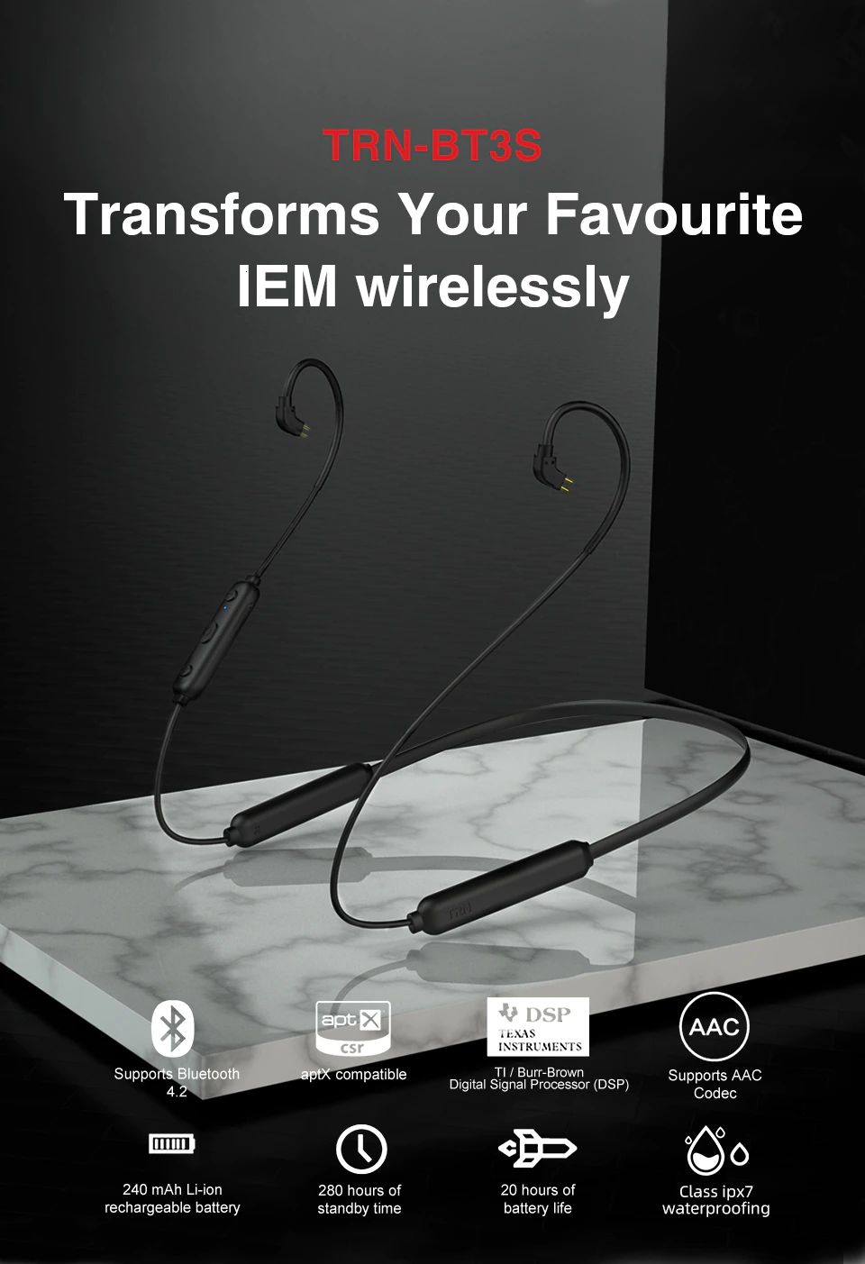 Trn Bt3s Wireless Bluetooth 4 2 Apt X Cable (2)