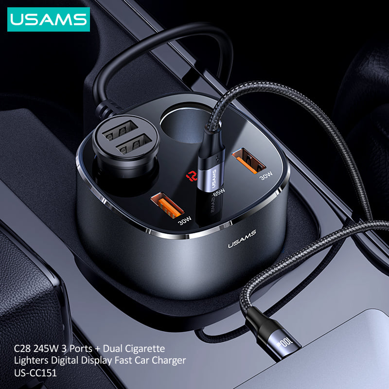 Usams Us Cc151 C28 245w 3 Ports Dual Cigarette Lighters Digital Display Fast Car Charger (9)