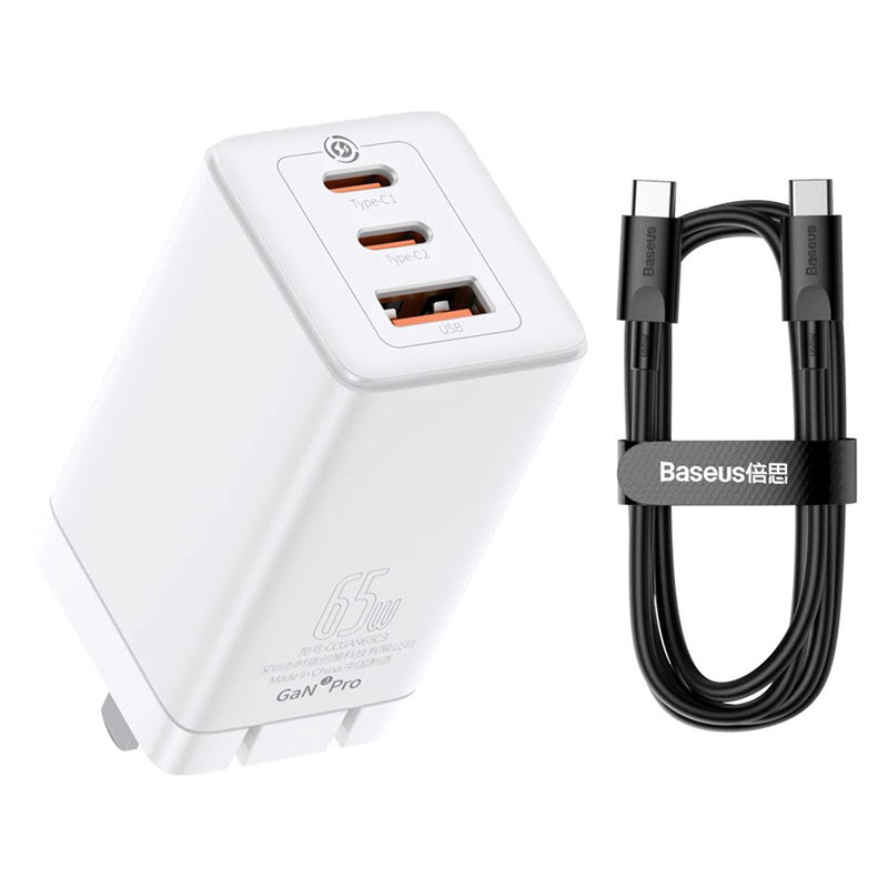 Baseus Gan3 Pro Fast Charger 2cu Three Ports 65w Cn Plug With Type C Cable White