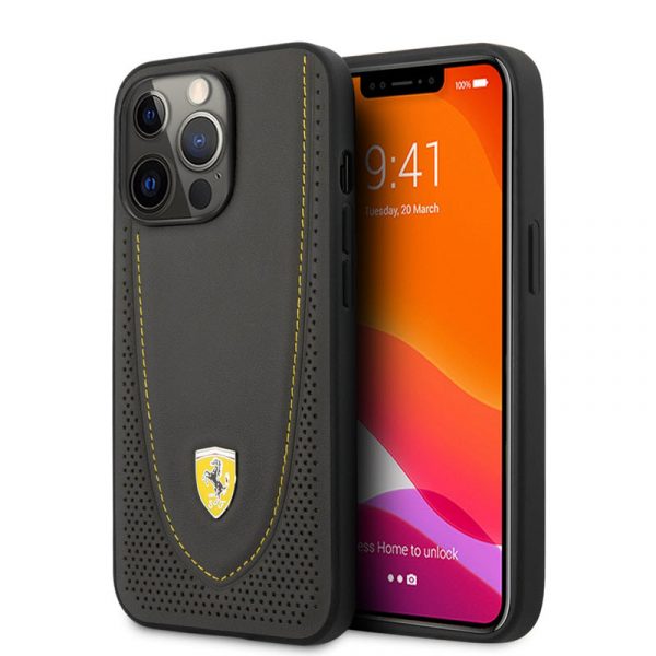 Scuderia Ferrari Iphone 13 Pro Max Leather Case Black Grey Red With Curved Line Stitched And Perforated Design