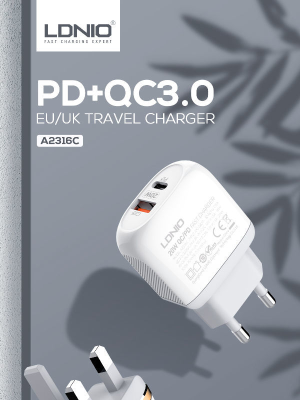 Ldnio A2316c Eu 20w Fast Travel Dual Port Usb Type C Charger (2)