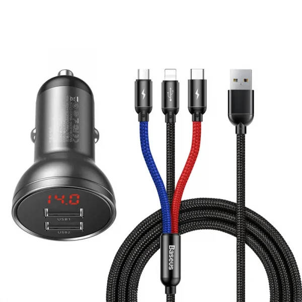 Baseus Car Charger Suit Digital Display Dual Usb Multi Port 3 In 1 Cable Usb 1.2m1 Result
