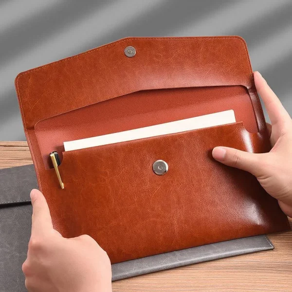 A4 Big Capacity Retro Business Leather Portable Magnetic Button Organizer Bag