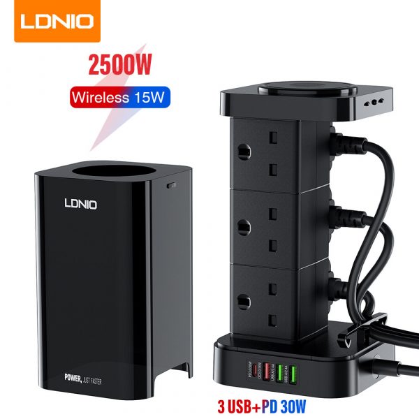 Ldnio Skw6457 6 Outlet Usb Tower Extension Power Socket With 15w Wireless Charger (1)