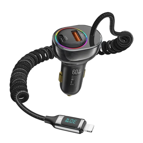 Usams Us Cc193 60w Ac Dual Port Car Charger With Digital Display 30w Lightning Spring Data Cable C37 (1 (4)